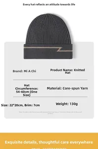 Detailed view of dark grey core-spun yarn knit beanie with 54-60cm size specifications