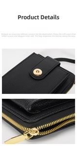 Detail of black lychee grain leather crossbody bag with gold metal zipper and magnetic snap