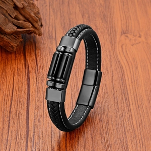 Men's handmade braided black leather bracelet with white stitching and magnetic steel clasp
