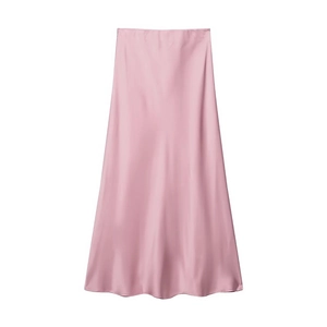 Detailed view of the smooth satin texture and elegant drape of this pink midi skirt