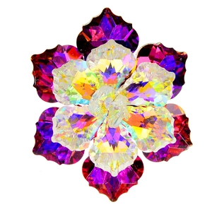 Detail of multi-layered crystal flower brooch with purple gradient and aurora coating