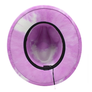 Detail view of tie-dye fedora interior showing sweatband and adjustable drawstring strap