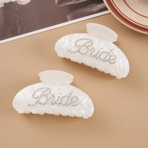 Large Acrylic Hair Claw Clip Rhinestone Bride Letter Marble Pattern Shark Clip For Women Bridal Wedding