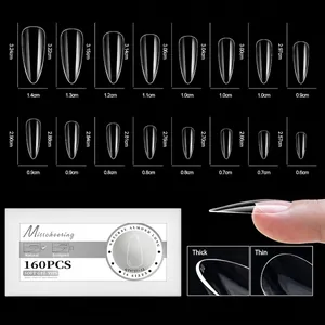 Size chart showing 16 dimensions for transparent almond soft gel nail tips