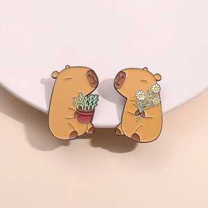 Cute Capybara Brooch Pins Zinc Alloy Enamel Cartoon Animal Flower Plant Lapel Badges For Backpacks Accessories