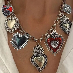 Gothic Sacred Heart Multi Pendant Necklace And Earrings Vintage Alloy Enamel Boho Jewelry For Women