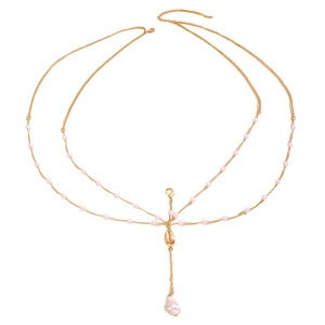 Multi-layer gold body chain with pink pearls and elegant shell pendant with baroque pearl