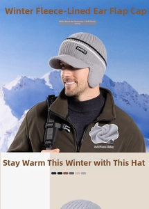 Detail of grey winter knit baseball cap with warm white fleece lining and ear protection