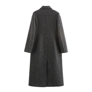 Back view of charcoal grey long wool coat with lapel collar and stylish back slit