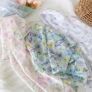 Breathable floral silk scarf set in pink, green, and purple with elegant patterns