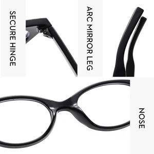 Detail view of black acetate eyeglass frame showing secure hinge and ergonomic nose pads