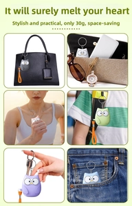 Portable 30g silicone owl keychain accessory shown attached to various bags and pockets