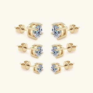 Three pairs of S925 sterling silver gold plated moissanite stud earrings in 3 sizes