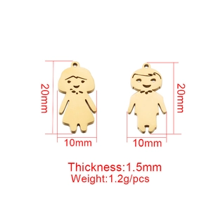 Golden boy and girl couple pendants in stainless steel with size and weight dimensions