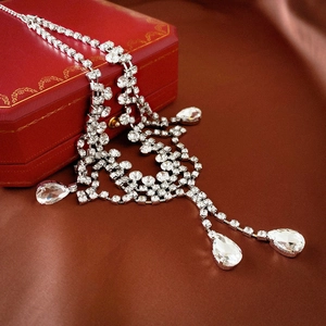Elegant multi-layer silver choker with sparkling zircon water-drop tassels and rhinestones