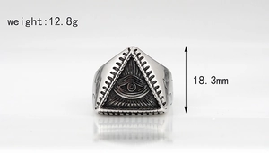 Macro view of Eye of Providence ring showing 18.3mm height and 12.8g weight specs