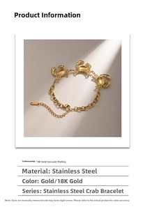 Detailed view of gold crab bracelet in 18K vacuum plated stainless steel with lobster clasp
