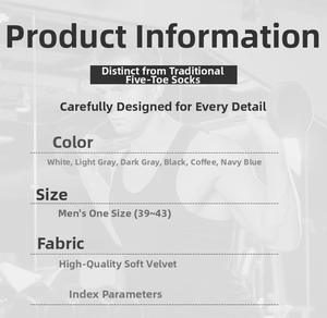Detailed size and color chart for men's velvet five-finger toe socks in various colors