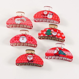 Set of 6 festive red Christmas hair claws featuring Santa Claus and snowman patterns