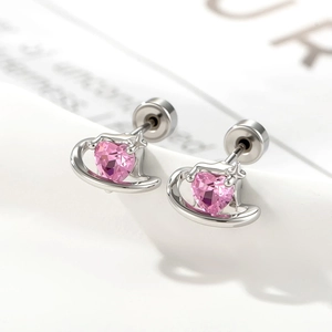 Pink Heart Zircon Orbit Star Ear Cartilage Stud Titanium Steel Screw Back Sweet Planet Piercing Jewelry