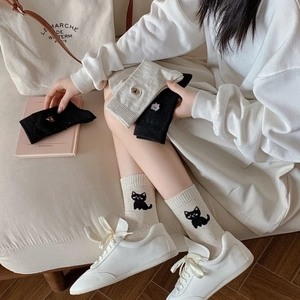 Women's thin breathable crew socks with cute cat embroidery and stylish knit pattern
