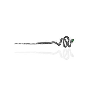 Snake hair pin in vintage gun black with green gemstone and scales on white background