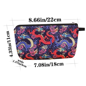 Detailed dimension guide for floral dragon pattern makeup bag showing length and height