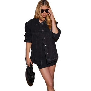 Oversized black washed denim jacket for women with classic flap pockets and metal buttons