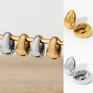 Polished Stainless Steel Teardrop Ear Clips Minimalist Geometric Chunky Non Pierced Earrings For Women