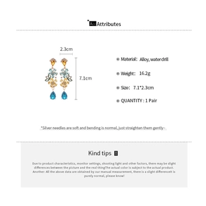 Detailed view of floral tassel earrings with blue teardrop crystals and alloy petals
