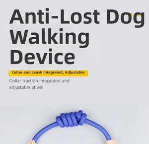 Detail of the blue braided dog leash showing durable leather joint and metal rivet design