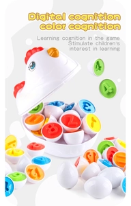 Macro detail of number and color matching eggs inside a hen-shaped storage box
