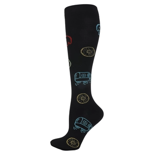 Detailed embroidery on black compression socks featuring colorful RV and donut patterns