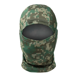 Detail of digital camouflage balaclava mask showing breathable mesh fabric and reinforced stitching