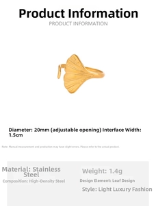 Detail of golden ginkgo leaf stainless steel ring with 20mm adjustable open band