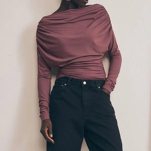 Women Ruched Long Sleeve T-Shirt Polyester Slim Fit Draped Off Shoulder Solid Color Sexy Street Style Top