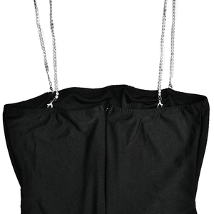 Close-up of black dress featuring sparkling rhinestone chain straps and hidden back zipper