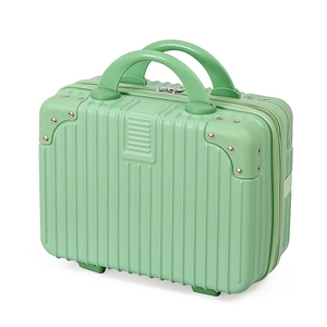 Light green 14 inch mini suitcase makeup bag with vertical stripes and metal rivets