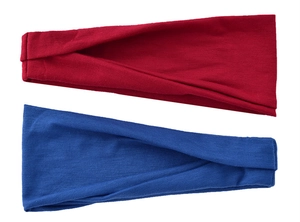 Flat lay of red and blue elastic yoga headbands in high-stretch knitted fabric