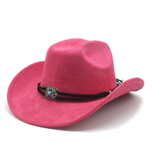 Detail of fuchsia suede cowboy hat with black braided band and turquoise metal buckle