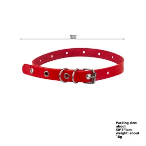 Detail view of red leather dog collar with adjustable metal buckle and size specs
