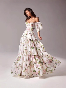 Robe Maxi Fleurie Épaules Dénudées Pour Femmes Organza Manches Bouffantes À Étages Soirée Romantique Taille Haute