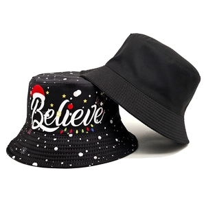 Minimalist black bucket hat and Christmas Santa Believe print sun hat set for outdoor wear