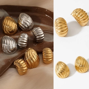 Stainless Steel Geometric Earrings PVD Gold Plated Textured Wave Ribbon Waterdrop Oval Shape Hypoallergenic Jewelry Women