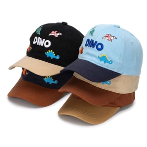 Five pack of cotton kids baseball caps with colorful dino embroidery and DINO text