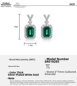 Detail of lab-grown emerald earrings in S925 silver with 5x7mm main stone dimensions