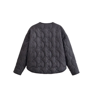 Back view of a dark grey quilted jacket with unique gourd-shaped stitching and windproof fabric