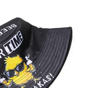 Close-up of black bucket hat featuring beer duck print and reinforced brim stitching