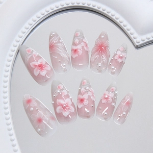 3D floral ombre press-on nails with white pearls and gradient pink blossom design