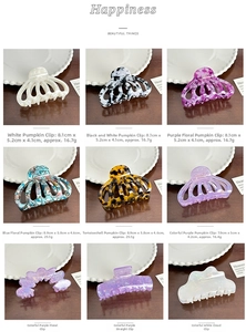 Detailed grid of acetate hair claws in floral and marble patterns with size measurements